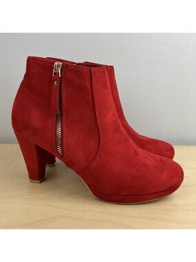 Allegra K Women’s Size 7.5 Red Faux Suede Heeled Zipper Booties Ankle Boots